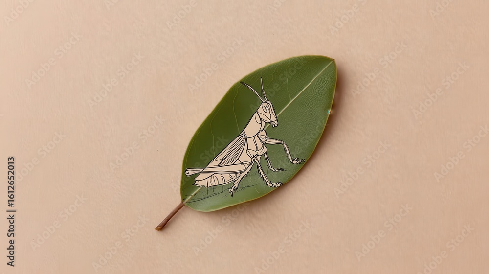 Poster grasshopper design on a single leaf.