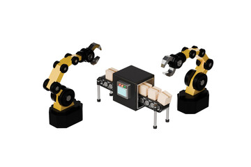 3d robotic arm icon. Smart factory concept. Minimal cartoon conveyor with automation system for logistics industry isolated on white transparent background. 3d render.