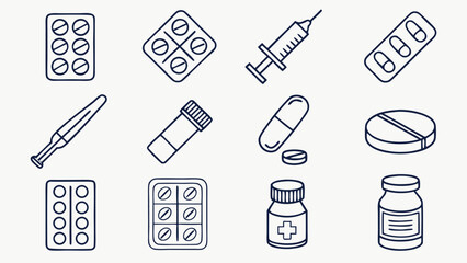 Collection of medical icons featuring pills capsules a syringe and medicine bottles representing healthcare and treatment