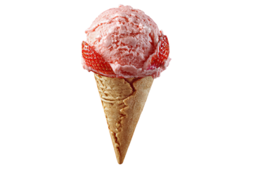 Fresh strawberry ice‑cream scoop dotted with ripe berry bits on clean transparent PNG background, seamless cutout element for dessert menus, food packaging designs, and playful digital branding