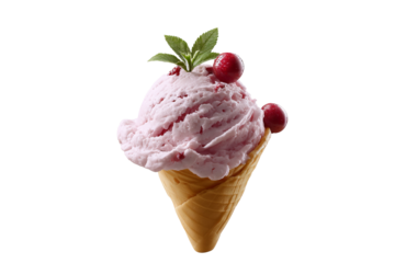Fresh strawberry ice‑cream scoop dotted with ripe berry bits on clean transparent PNG background, seamless cutout element for dessert menus, food packaging designs, and playful digital branding