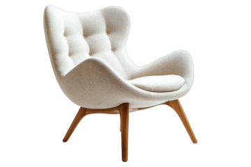 A White Upholstered Armchair With A Wooden Frame And A Unique Rounded Design Isolated On A Transparent Background
