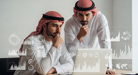 Two businessmen in traditional Middle Eastern attire collaborate on a laptop, analyzing financial data displayed on a holographic interface.