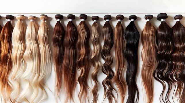 Variety of Hair Extensions: Blonde, Brown, and Black Wavy Hair Wefts on White Background