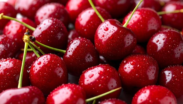 Close-up of many ripe, red cherries glistening with water droplets - Powered by Adobe