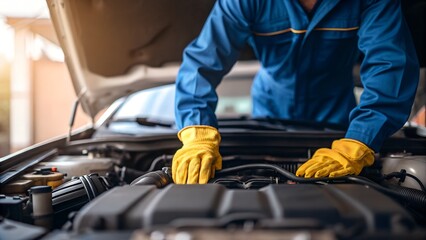 Mechanic inspecting car engine with yellow gloves for professional auto repair