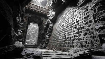 Indigenous Language Revival Ancient stone wall with mysterious inscriptions. Linguistic Diversity Awareness Oral Tradition Documentation
