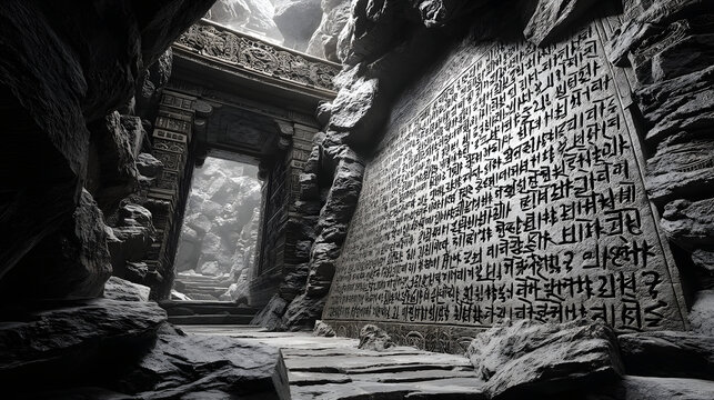 Indigenous Language Revival Ancient stone wall with mysterious inscriptions. Linguistic Diversity Awareness Oral Tradition Documentation