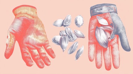 Hands in gardening gloves holding garlic and sunflower seeds.