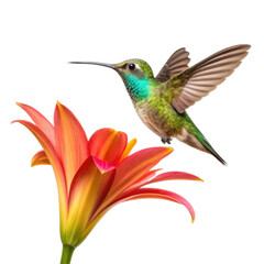 Obraz premium Hummingbird feeding on a lily flower isolated on transparent background
