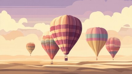 Fototapeta premium Colorful hot air balloons float over a desert landscape.