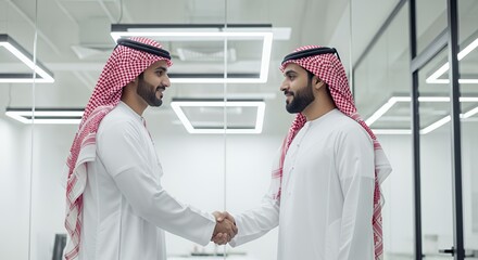 Two men in traditional Middle Eastern attire shake hands in a modern , symbolizing business partnership and cultural exchange.