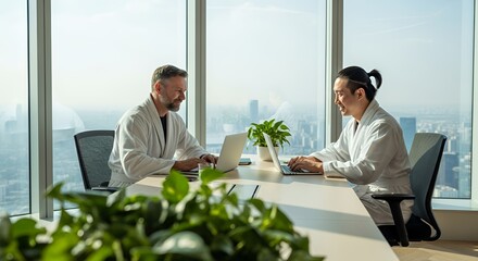Two men in bathrobes work on laptops in a modern high-rise overlooking a cityscape.
