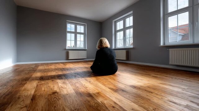 Person sitting alone on wooden floor in large empty room with soft natural light and deep emotional solitude feeling anhedonia