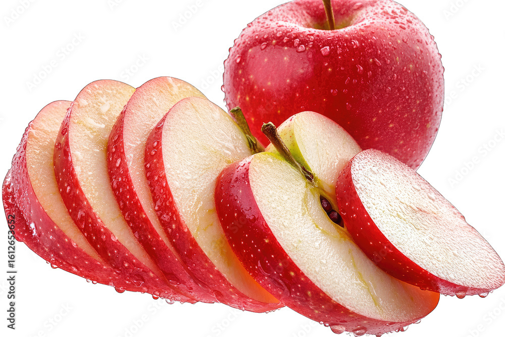 Poster a red apple with dew drops is sliced into thin pieces the apple slices are arranged in a row with wa