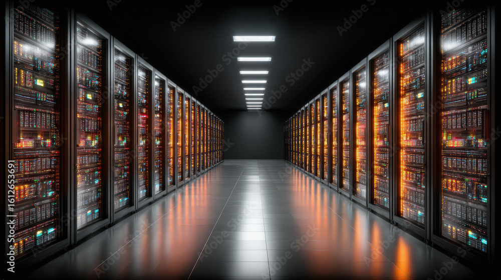 Poster modern data center featuring rows of glowing servers, illuminated by vibrant lights, showcasing adva