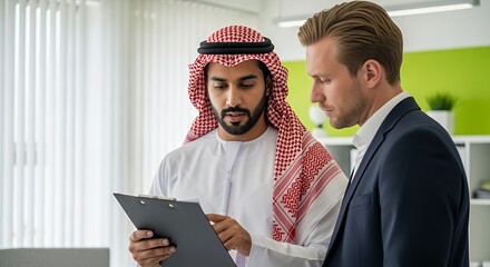 Two businessmen, one in traditional Middle Eastern attire, review documents together in a modern setting, showcasing intercultural collaboration.