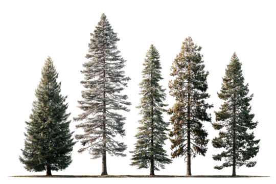 Group of coniferous trees, various shades of green and light gray, against a black background.  Slight variations in foliage density.  Forest scene