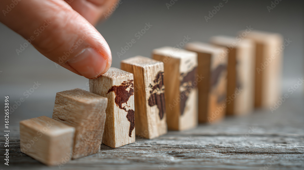 Poster building wooden block structure with world map design symbolizes global business resilience and grow