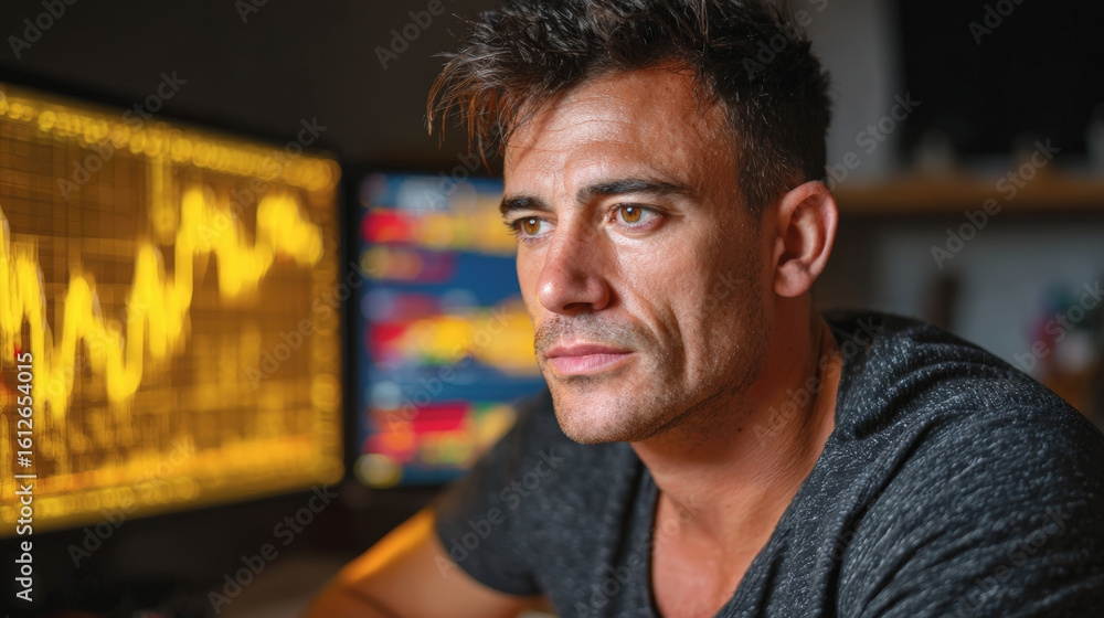 Poster analyzing market trends, focused trader observes data on multiple screens, reflecting determination 