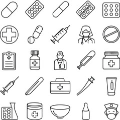 Pharmacy icon set. Containing pharmacy, pills, tablets, drugs, medicine, pharmacist, mortar, cross, protection, syringes, medical laboratory elements and more. Vector illustration