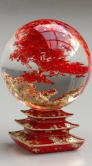 Decorative Glass Sphere with Red Tree and Gold Accents on Elegant Base