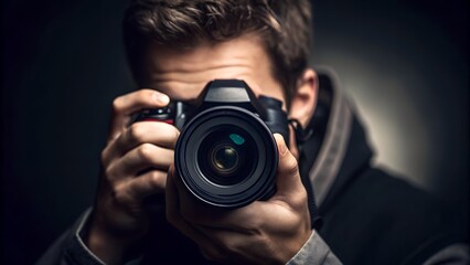 Photographer capturing a stunning image with professional DSLR camera close up