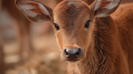 Fototapeta premium Close-up of a brown calf with big eyes and soft fur, showcasing its adorable features.