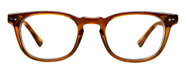 Close-up of a pair of round-framed eyeglasses, a rich amber or bronze color.  The frames are smooth and appear somewhat vintage in style.  A dark background isolates the glasses