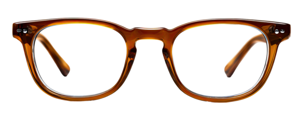 Close-up of a pair of round-framed eyeglasses, a rich amber or bronze color.  The frames are smooth and appear somewhat vintage in style.  A dark background isolates the glasses