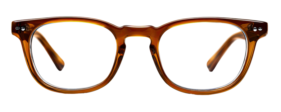 Close-up of a pair of round-framed eyeglasses, a rich amber or bronze color.  The frames are smooth and appear somewhat vintage in style.  A dark background isolates the glasses