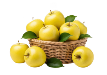 A woven wicker basket filled with bright yellow apples and green leaves fruit