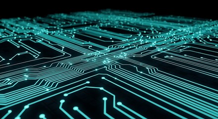 Glowing digital circuit board resembling a futuristic city skyline. Abstract technology background with data pathways.