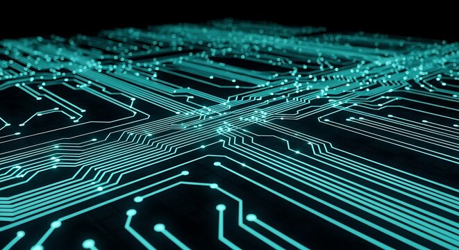 Glowing digital circuit board resembling a futuristic city skyline. Abstract technology background with data pathways.