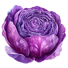 Obraz premium A vibrant purple cabbage with intricately detailed, textured leaves forming a tightly packed, rounded head, isolated on white background, transparent background.