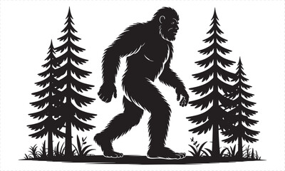 Fototapeta premium Black silhouette of Bigfoot walking through pine trees and grass sasquatch yeti