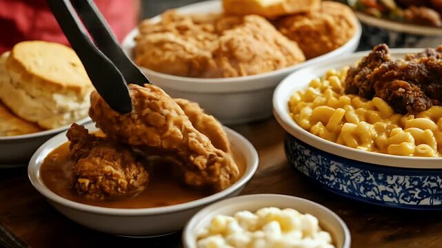Southern-style fried chicken and mac and cheese on family table