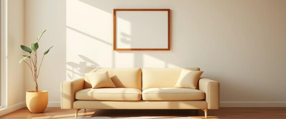 Sunlit beige sofa, empty frame above, potted plant  Relaxing, bright interior,   calm,   home staging