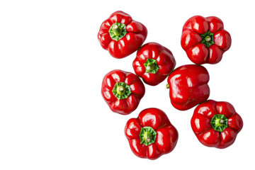 Six Red Bell Peppers Arranged In A Semi-circle On A White Marble Background Creating A Modern Minimalist Food Composition