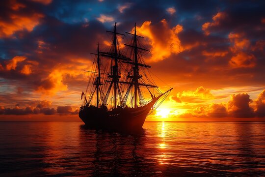 Silhouette of a Majestic Sailing Ship at Sea Amidst a Vivid Fiery Sunset Sky