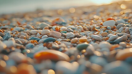 Obraz premium Close-Up View of Colorful Pebbles on a Sandy Beach at Sunset
