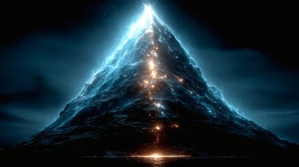 Majestic Mountain Peak Illuminated with Bright Light and Cosmic Glow at Night