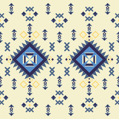 The abstract geometric ethnic pattern of traditional style, blue and cream background.Design for carpet, curtains, texture,  background,  backdrop, wallpaper, clothing and wrapping.