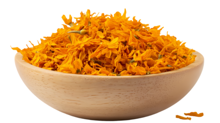 A top view of a wooden bowl filled with orange and yellow flower petals isolated on white background