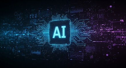 Intricate microchip lines radiate from an AI square, capturing the fusion of machine learning and smart tech