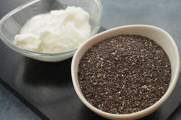 Chia seeds and yogurt in a simple kitchen setup