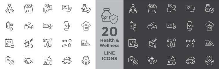 Essential health and wellness line icons for modern lifestyle and healthcare brands, perfect for websites, apps, and digital marketing campaigns