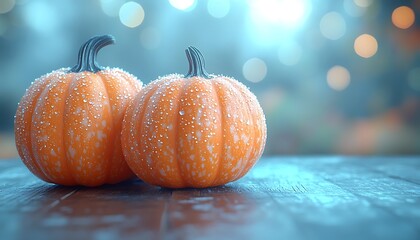 Two orange pumpkins covered in water droplets on a wooden surface autumn fall