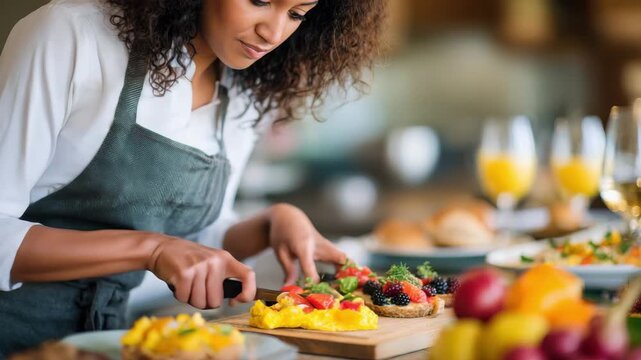 Woman cooking vibrant breakfast with fresh fruit, eggs, and healthy food cozy kitchen, preparing colorful summer brunch ideas