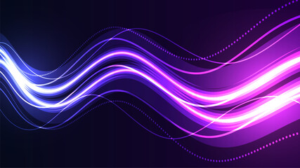 Abstract Blue and Purple Digital Waves with Luminous Particles and Futuristic Glow